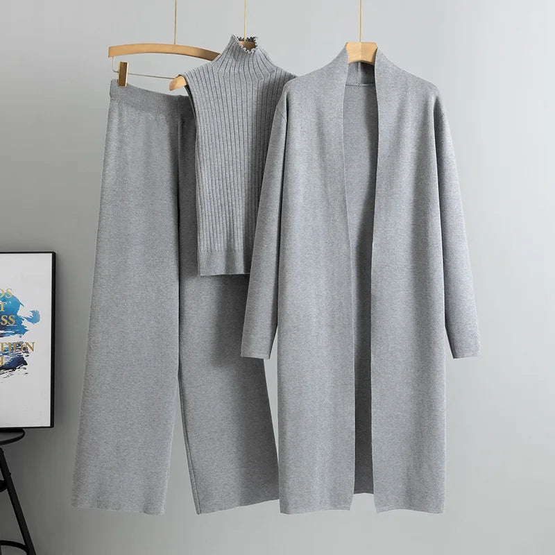 Knit Three-Piece Set – Cardigan, Sweater & Trousers
