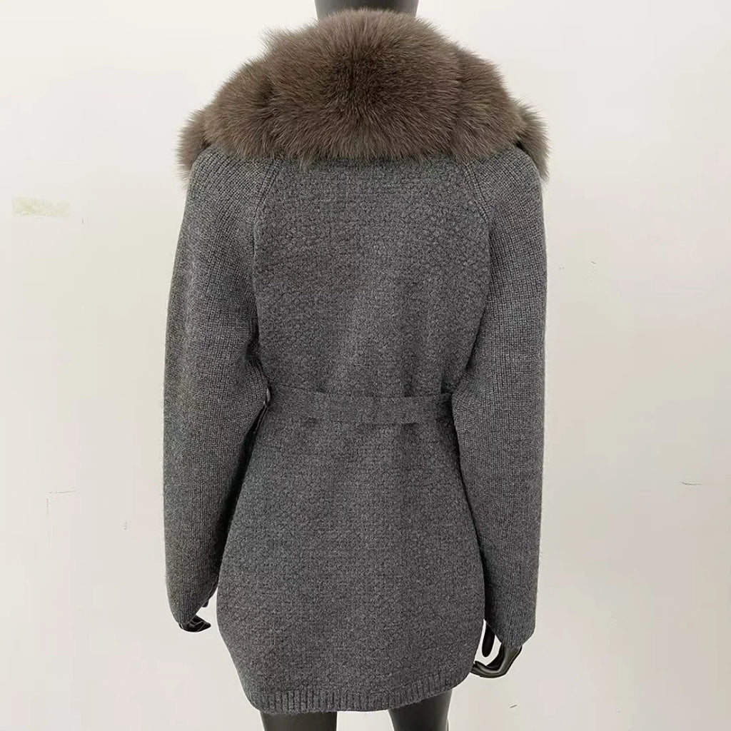 Fur-Collar Knit Cardigan – Midi Length