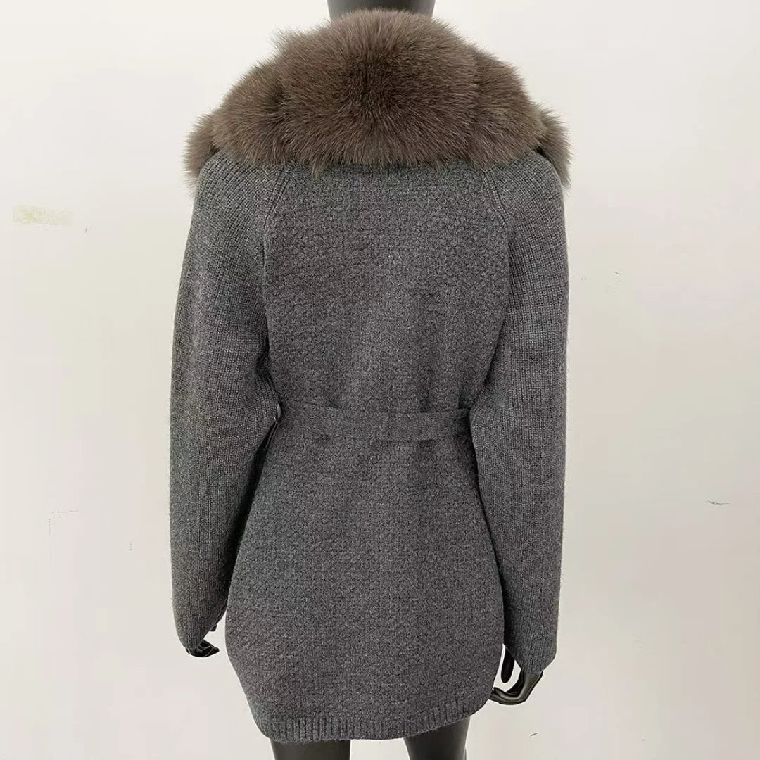 Fur-Collar Knit Cardigan – Midi Length