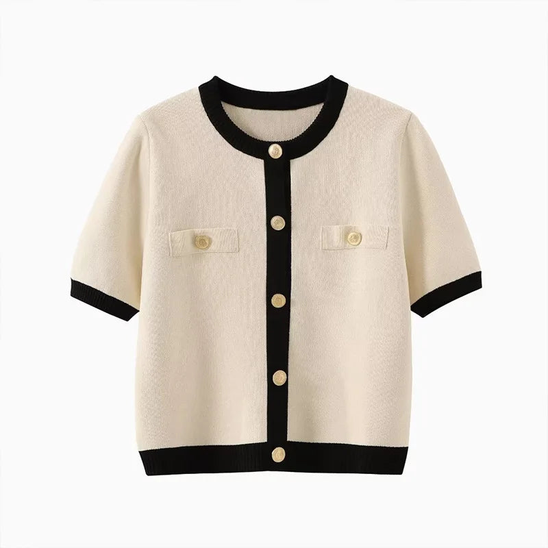 Round-Neck Knit Jacket – Short Sleeve
