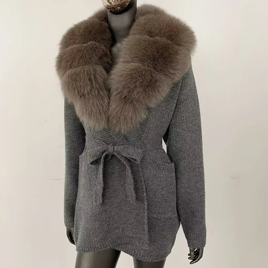 Fur-Collar Knit Cardigan – Midi Length