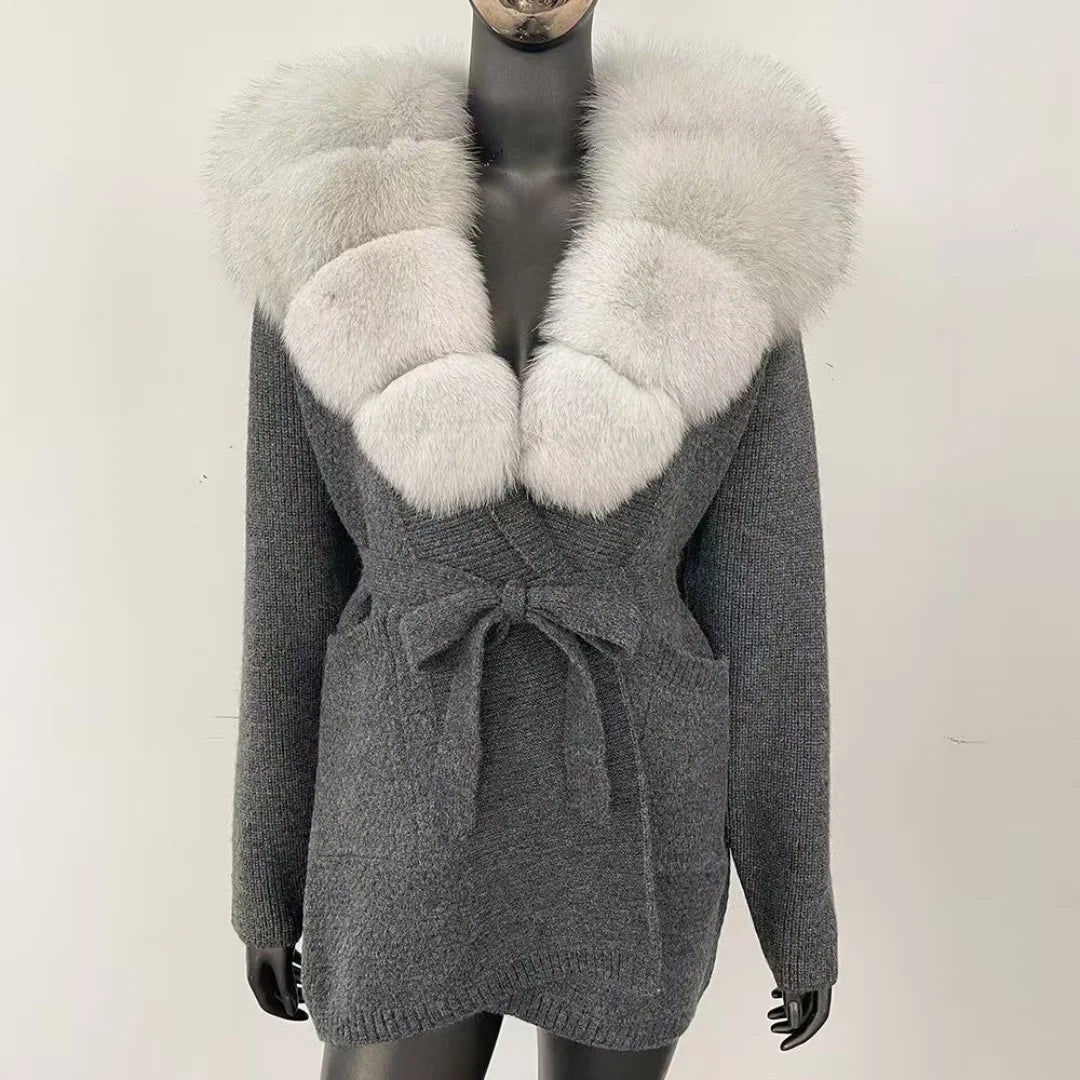 Fur-Collar Knit Cardigan – Midi Length