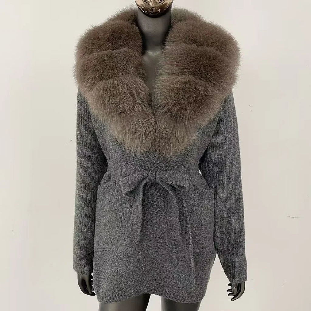 Fur-Collar Knit Cardigan – Midi Length